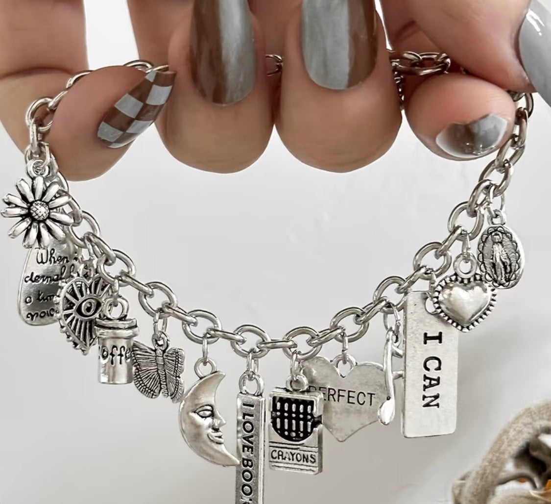 K-Plated Alloy ICAN Letter Music Note & Moon/Butterfly/Pendant Charms Bracelet with Retro Style 1pc Suitable for Daily Wear & Vacation, 🌺Year-Round Accessory Gift for Sisters, Couples, Musicians $6.00🦋