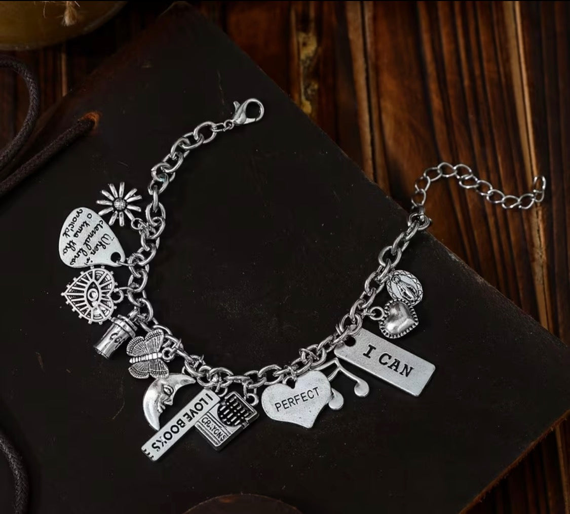 K-Plated Alloy ICAN Letter Music Note & Moon/Butterfly/Pendant Charms Bracelet with Retro Style 1pc Suitable for Daily Wear & Vacation, 🌺Year-Round Accessory Gift for Sisters, Couples, Musicians $6.00🦋