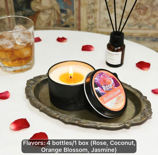 SCENTED CANDLES, Melts to Body oil, * 🌹 Romantic Rose Spa — roses, silk sheets, glowing candles
* 🥥 Tropical Coconut Escape — coconuts, palm leaves, golden sunset
* 🍊 Citrus Luxury — fresh orange slices, sparkling highlights, bright warmth
* 🌸 Jasmine