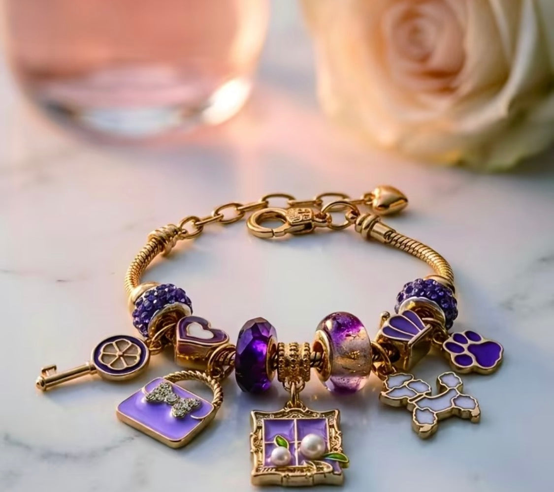 Purple Luxury Beaded Charm Bracelet for Women, Cute Dog Heart Pendant, Fashion Adjustable Bangle, Aesthetic Jewelry Gift for Friends $6.00