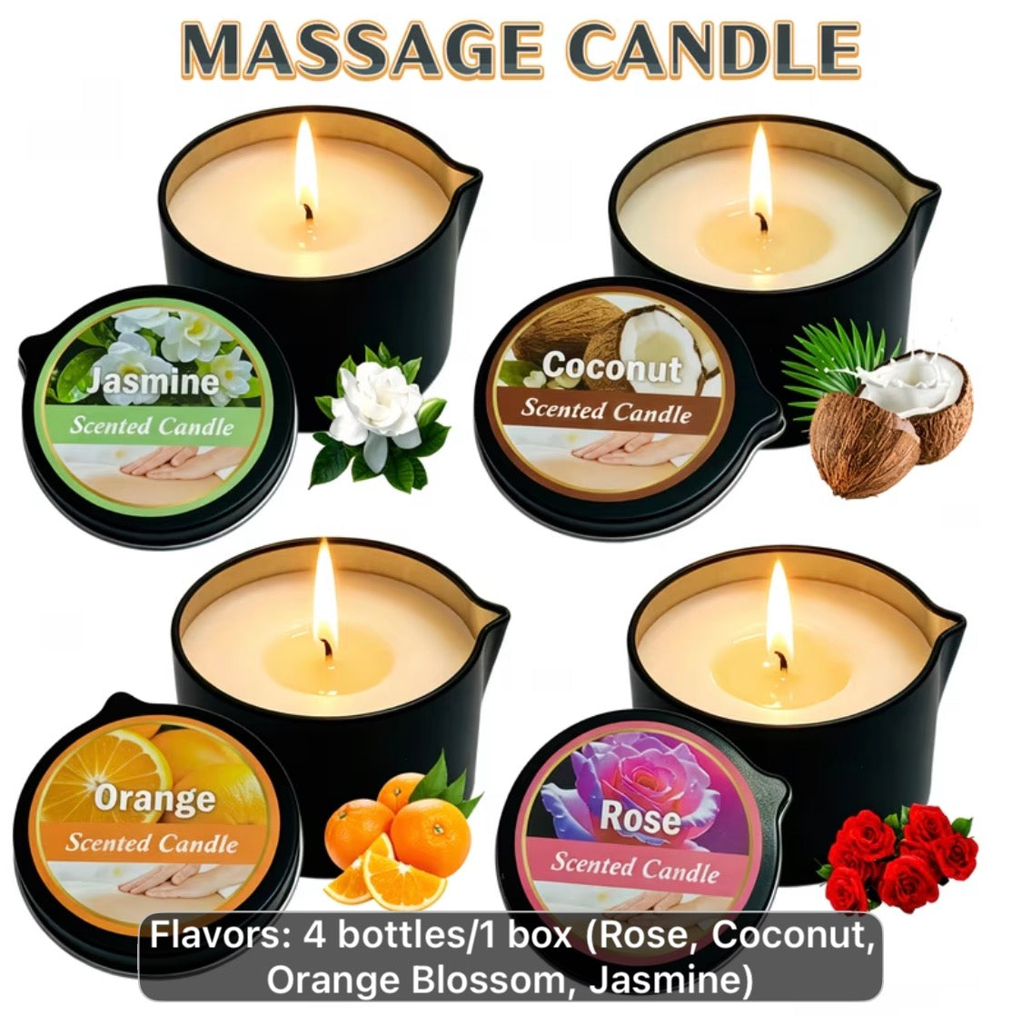 SCENTED CANDLES, Melts to Body oil, * 🌹 Romantic Rose Spa — roses, silk sheets, glowing candles
* 🥥 Tropical Coconut Escape — coconuts, palm leaves, golden sunset
* 🍊 Citrus Luxury — fresh orange slices, sparkling highlights, bright warmth
* 🌸 Jasmine