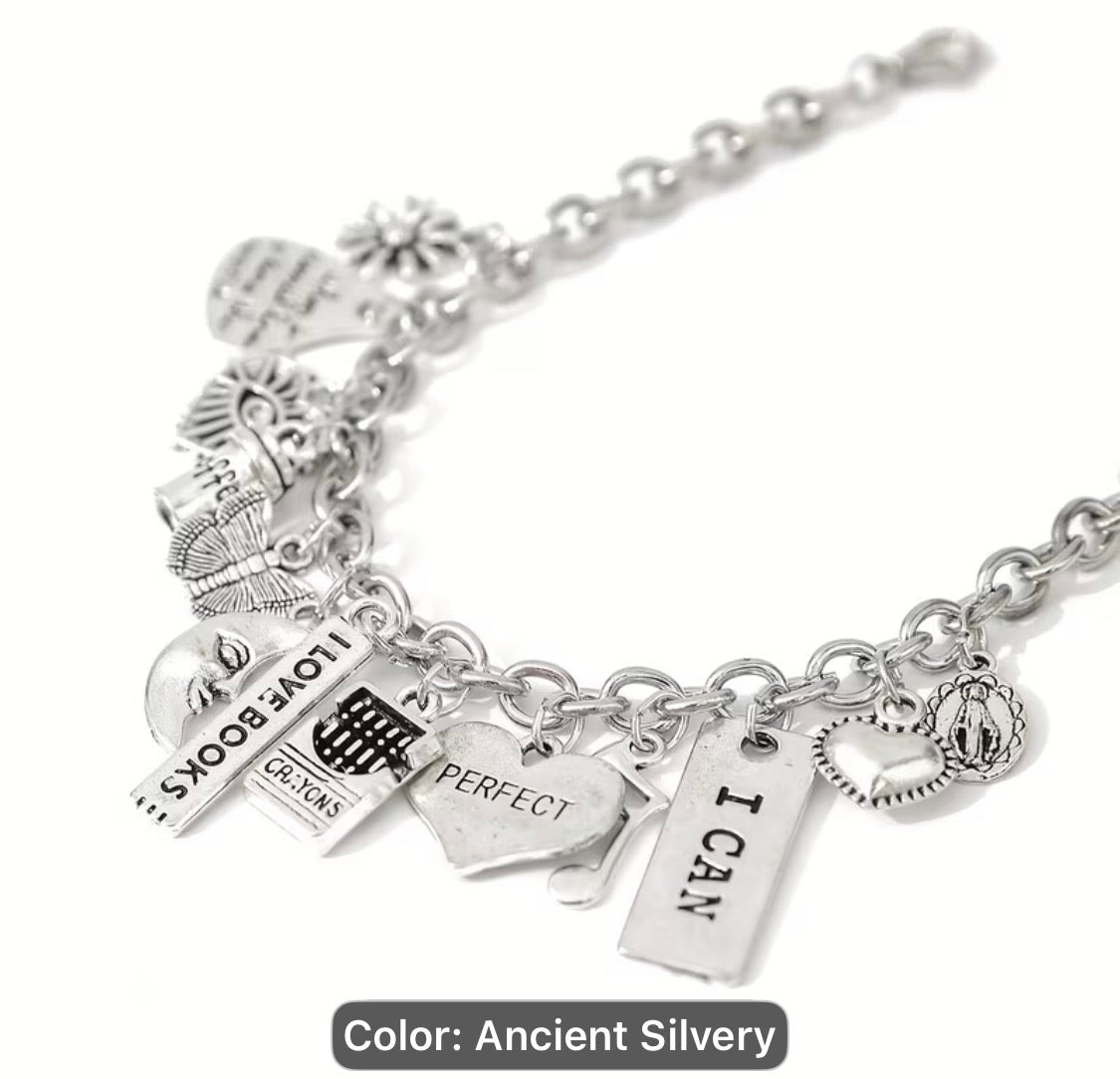 K-Plated Alloy ICAN Letter Music Note & Moon/Butterfly/Pendant Charms Bracelet with Retro Style 1pc Suitable for Daily Wear & Vacation, 🌺Year-Round Accessory Gift for Sisters, Couples, Musicians $6.00🦋