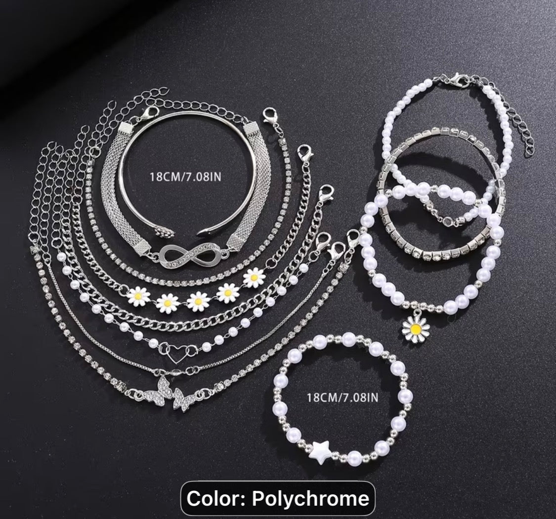 Minimalist Daisy Figure-8 Heart Star and Butterfly Bracelet Set for Women 12pcs Perfect for Dates Vacations and Casual Attire Ideal Gift