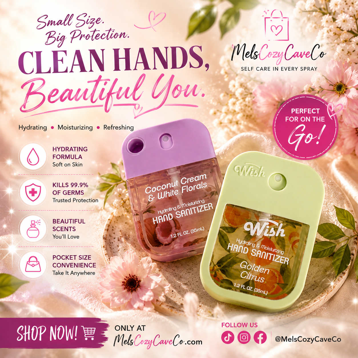 Hydrating&moisturizing Hand Sanitizer Golden Citrus Spearmint 🦋Eucalyptus and Sweet Floral Morning 🌺 Buy 1 sanitizer get 1 free sanitizer case FREE