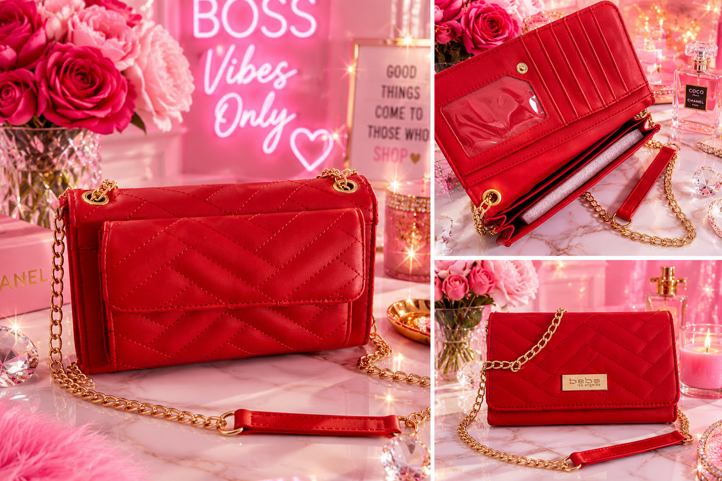 ✨❤️ New Arrival Alert! ❤️✨
        LIMITED EDITION:
Meet your new favorite statement bag! This gorgeous red quilted crossbody combines style, elegance, and convenience all in one. Featuring luxurious gold-tone hardware, multiple compartments.