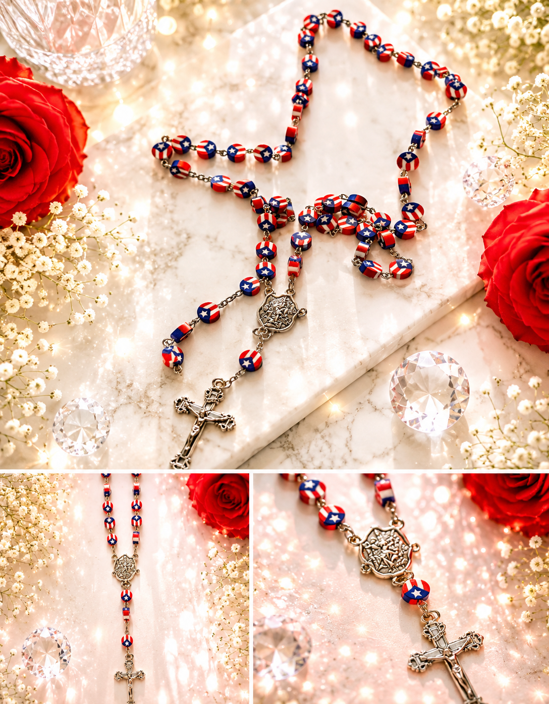 ✨🙏 Faith, Patriotism & Grace 🙏✨

Carry your faith and love for Puerto Rico wherever you go with this stunning rosary-inspired piece. Featuring vibrant Puerto Rican flag beads and a beautifully detailed cross, this meaningful accessory is perfect.